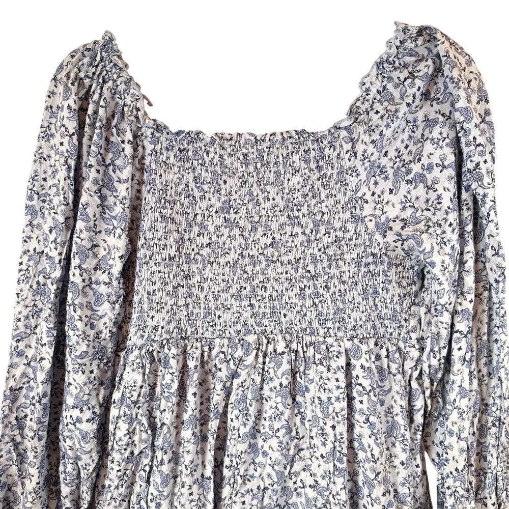Old Navy Paisley Mini Dress Womens Medium‎ Blue Smocked Tiered Boho Cottagecore